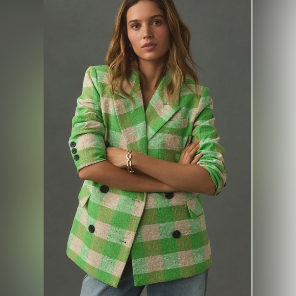 ❤️ Anthropologie Green and Tan Blazer with Tailored Silhouette - Picture 4 of 6